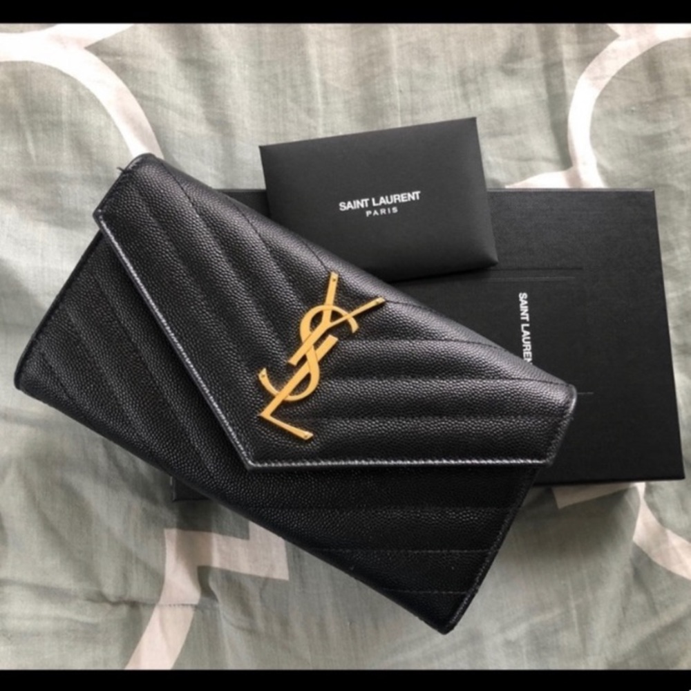 YSL Large Monogramme Grain De Poudre Leather Flap Wallet Black